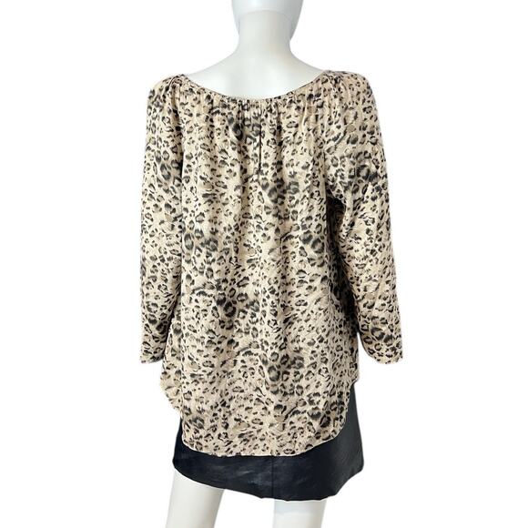 Rebecca Taylor Tan Brown Leopard 3/4 Sleeve Tie Neck Top Size 10 - Picture 2 of 4